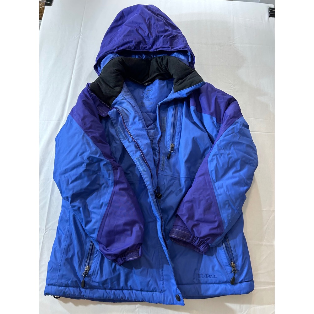 LL Bean Wildcat Jacket Blue Purple Colorblock Insulated Hooded Coat Womens L Pet